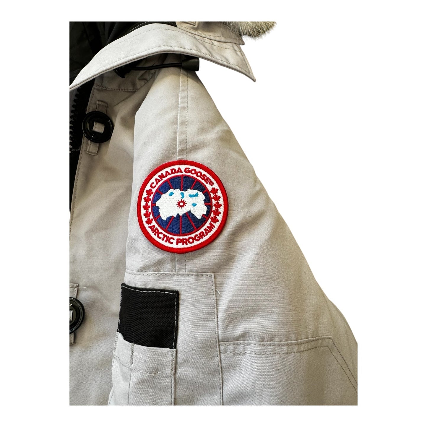 Coat Luxury Designer By Canada Goose In Black & Grey, Size: L