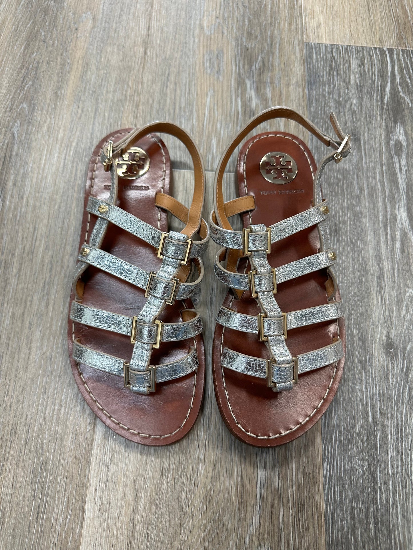 Silver Sandals Designer Tory Burch, Size 6.5