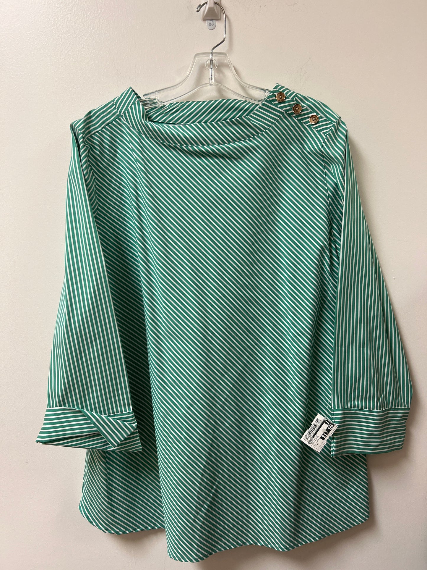 Tunic Long Sleeve By Chicos In Green & White, Size: Xl