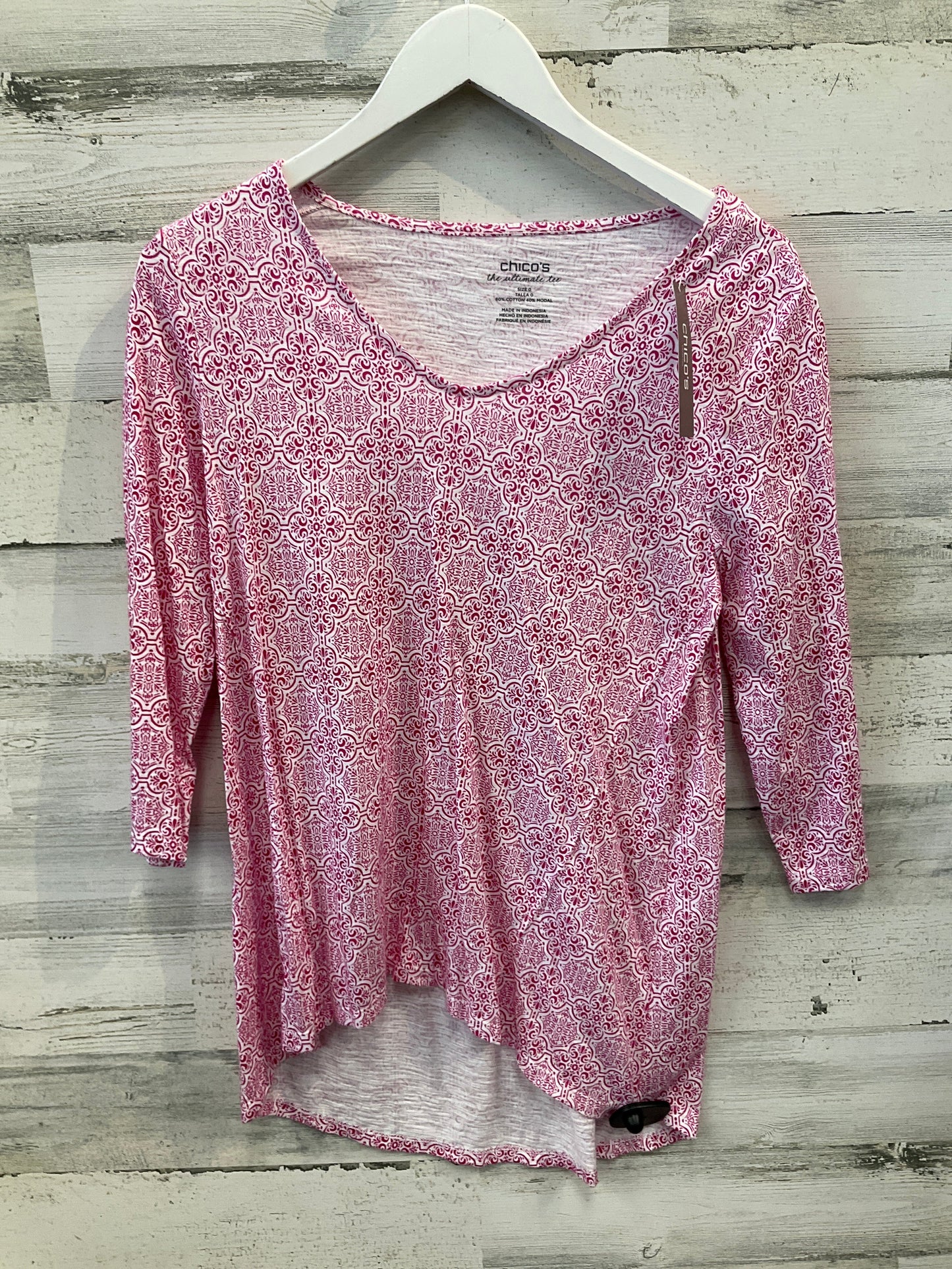 Top 3/4 Sleeve By Chicos In Pink & White, Size: S