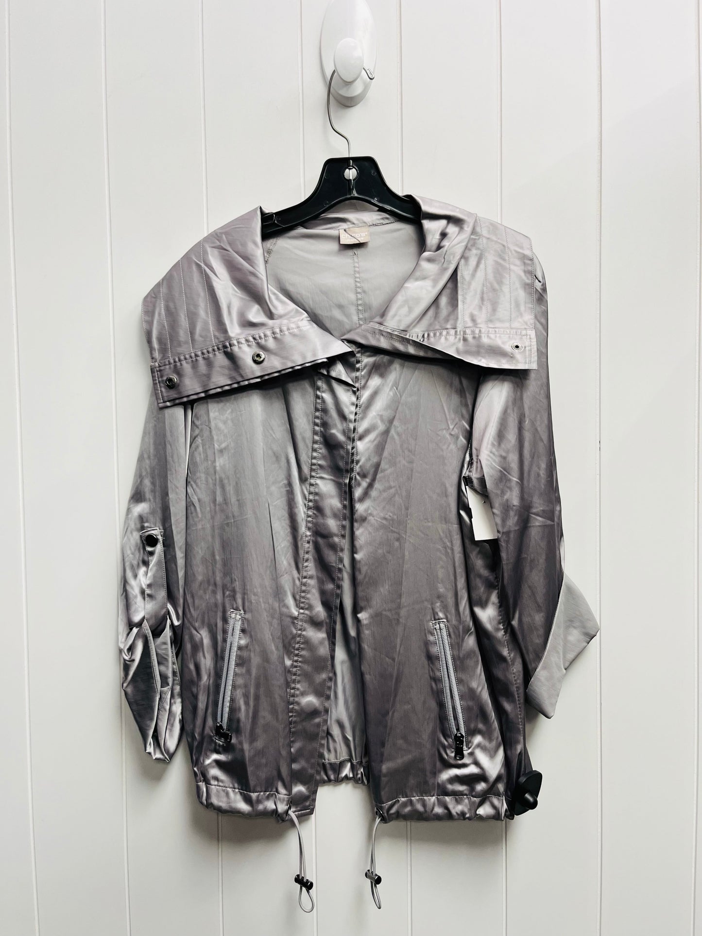 Jacket Windbreaker By Chicos In Grey, Size: L