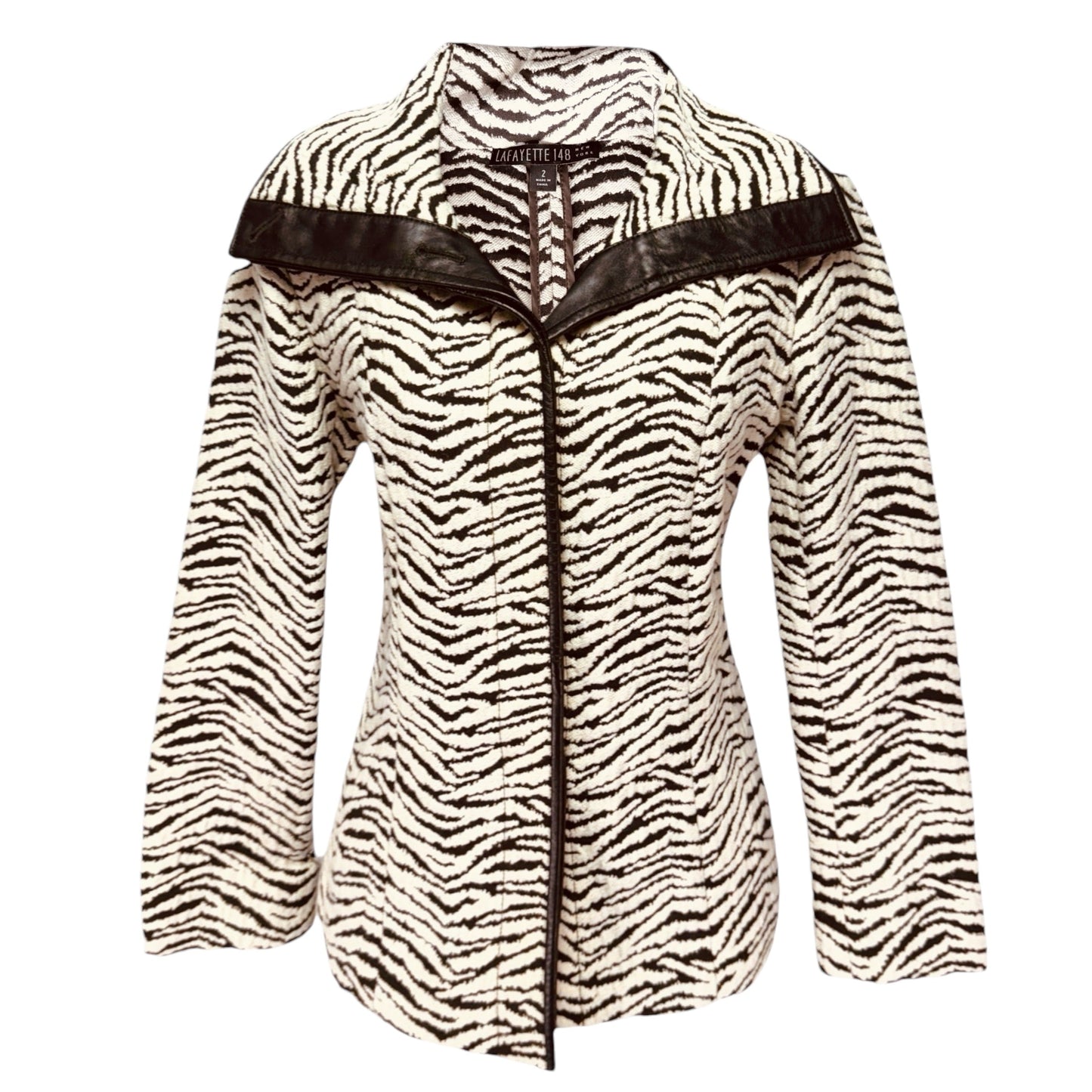 Vegan Leather Trim Jacket Designer By Lafayette 148 In Zebra Print, Size: 2