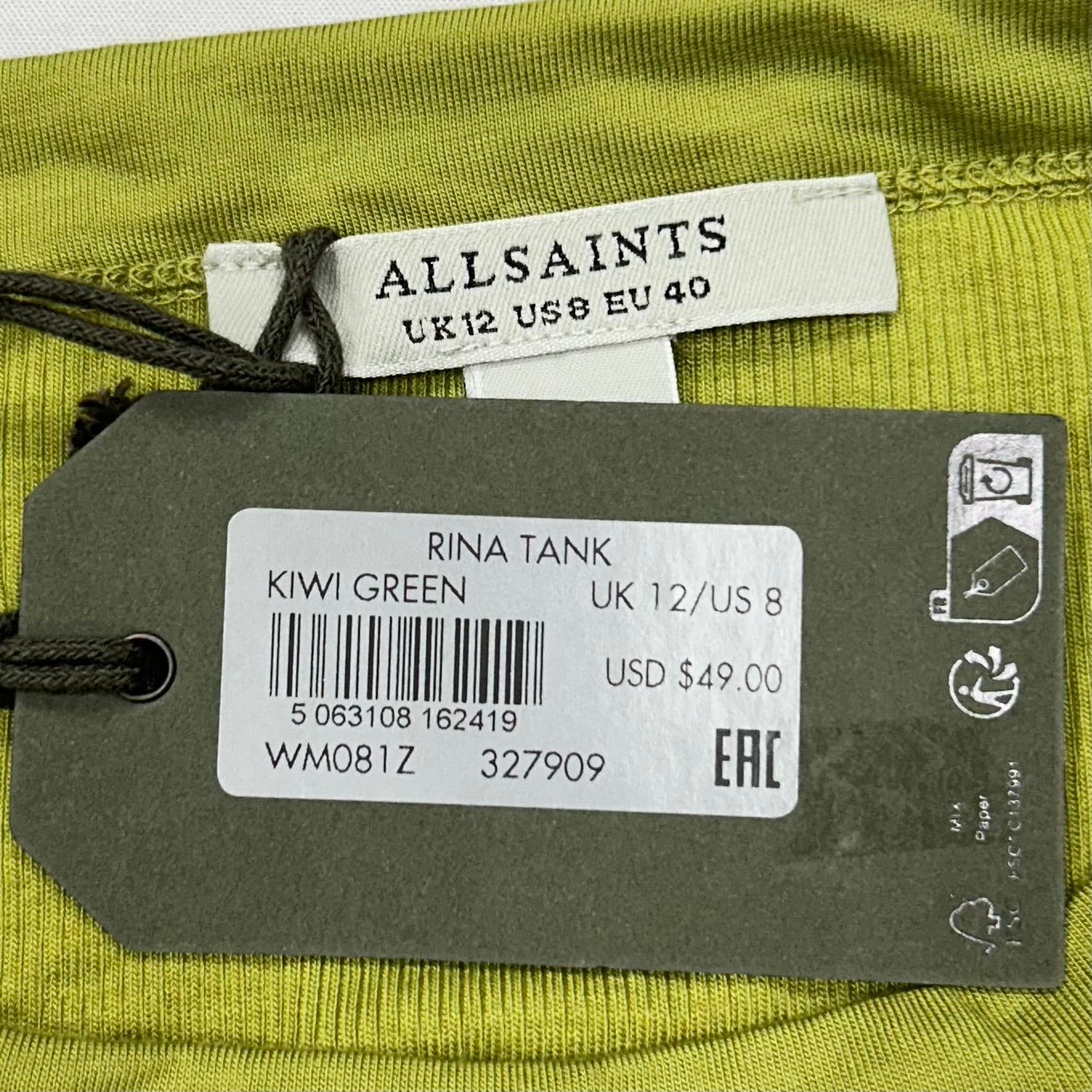 Tank Top Designer By All Saints In Green, Size: M