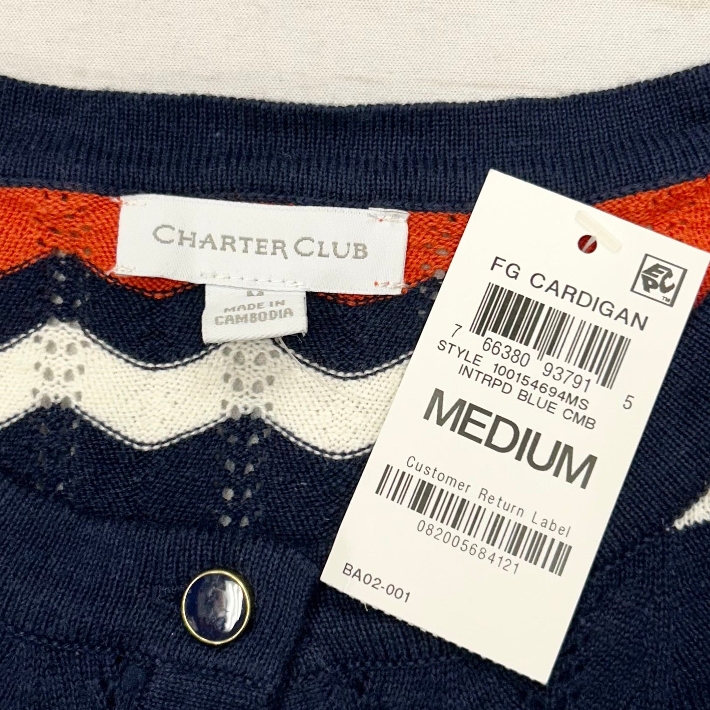 Sweater Cardigan By Charter Club In Blue & Orange, Size: M