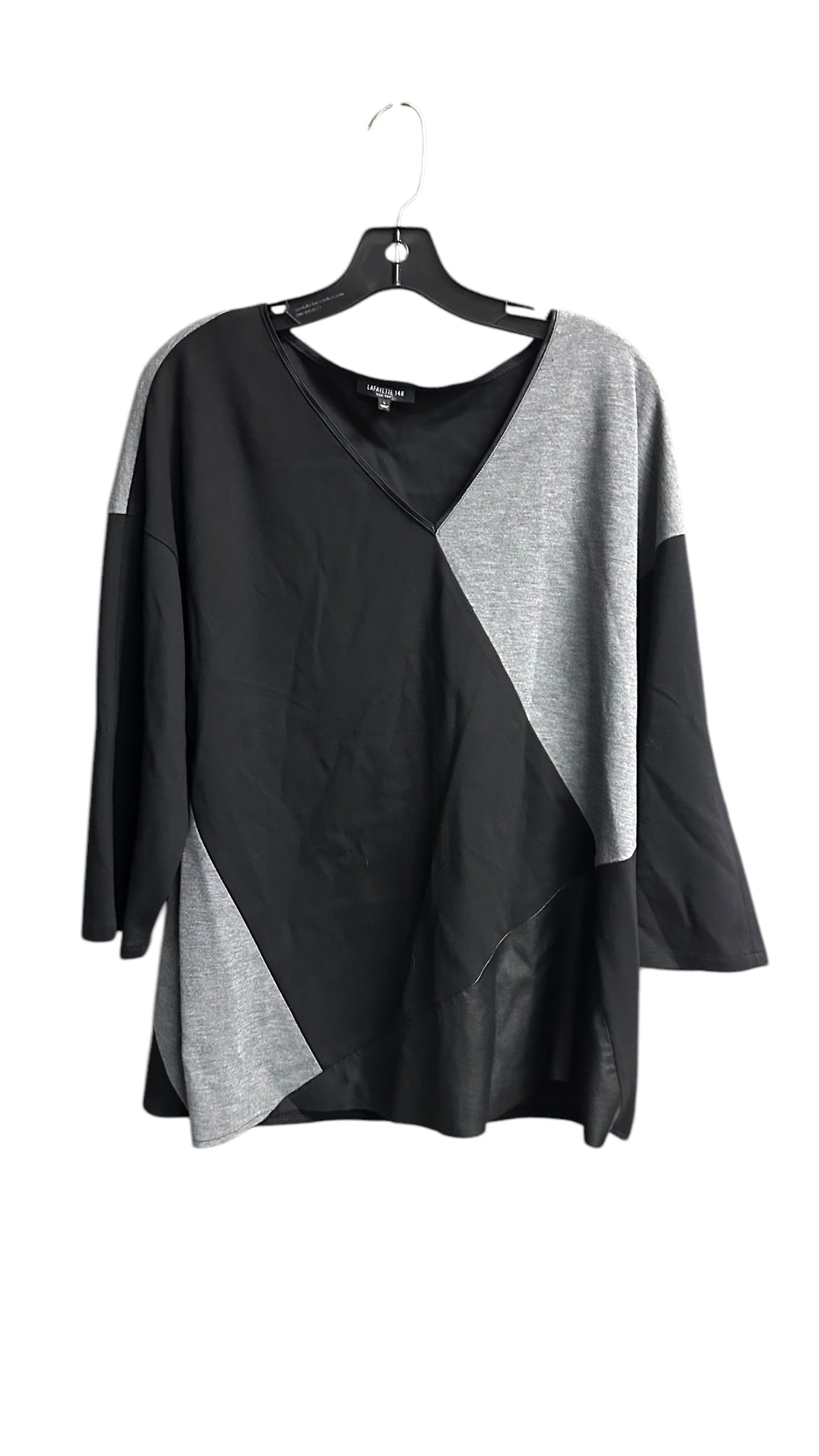 Top 3/4 Sleeve Designer By Lafayette 148 In Black & Grey, Size: L