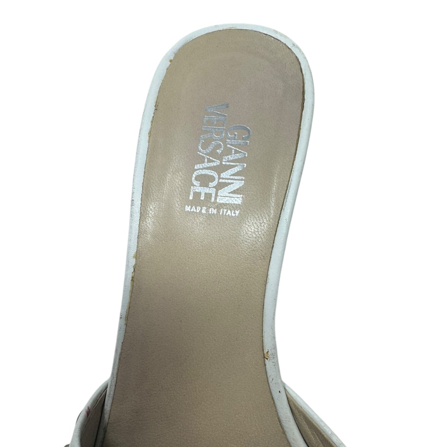 Vintage Medusa Logo Studded Mule Sandals Luxury Designer By Versace In White, Size: US 6/IT 36