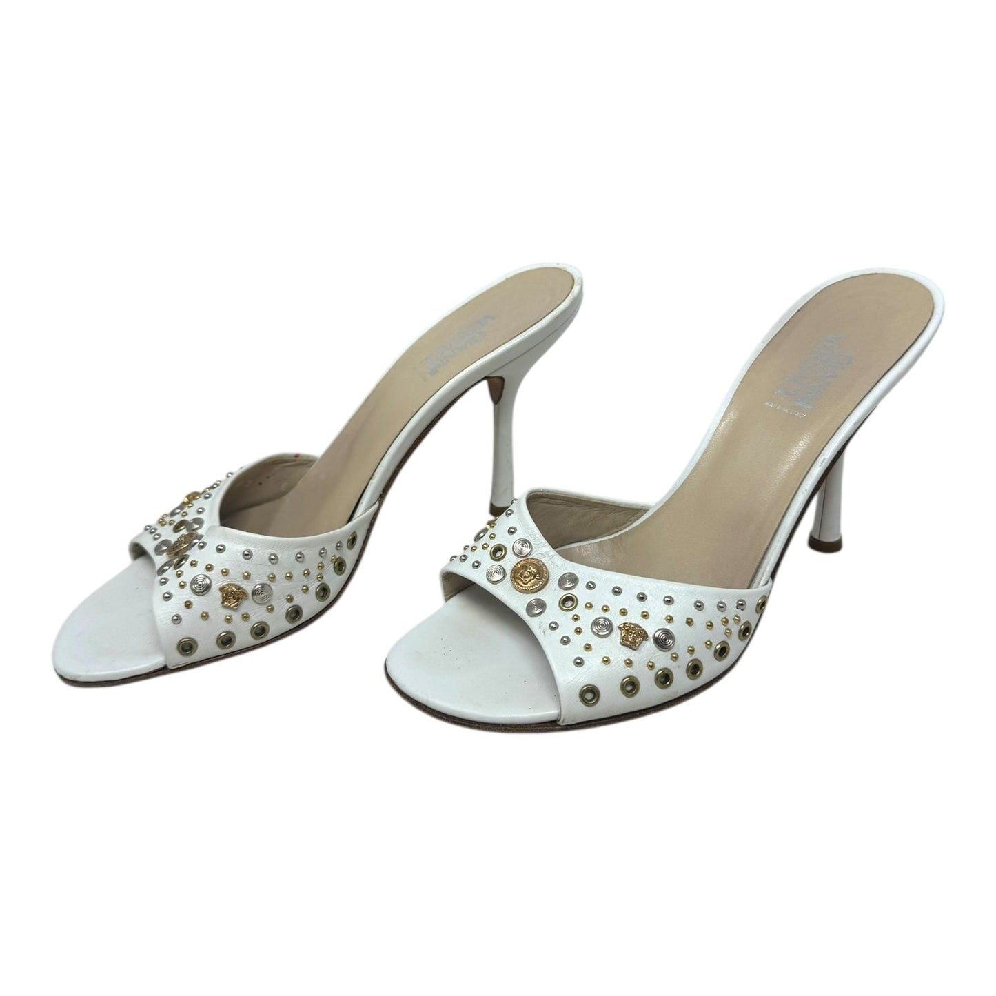 Vintage Medusa Logo Studded Mule Sandals Luxury Designer By Versace In White, Size: US 6/IT 36