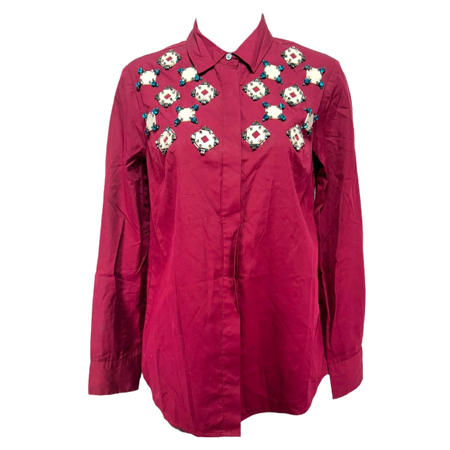 Crystal Jeweled Garnet Red Geo Satin Blouse By J. Crew Collection  Size: 0