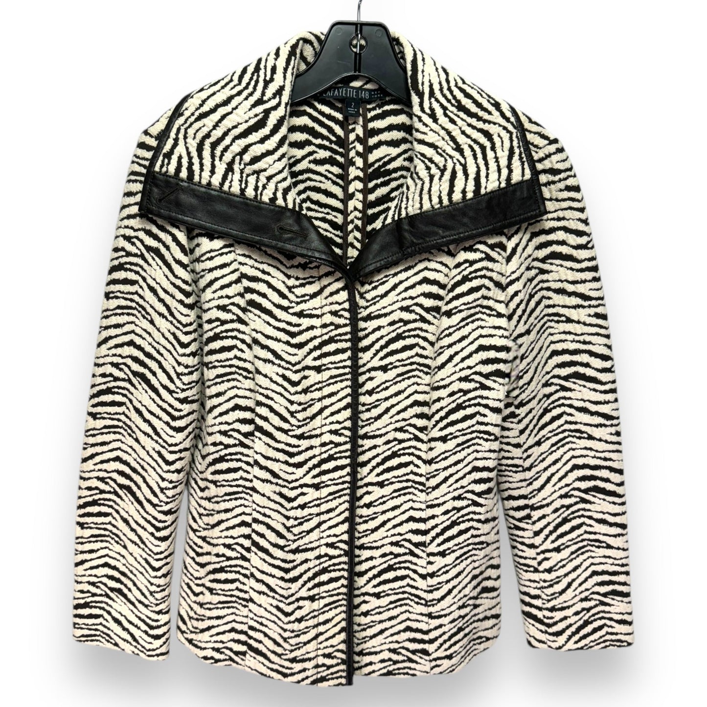 Vegan Leather Trim Jacket Designer By Lafayette 148 In Zebra Print, Size: 2