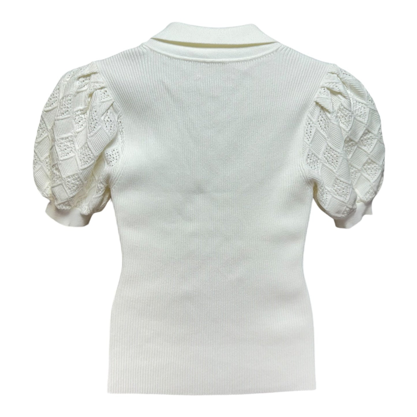 Pointelle Puff Sleeve Polo Top Designer By Milly In White, Size: L