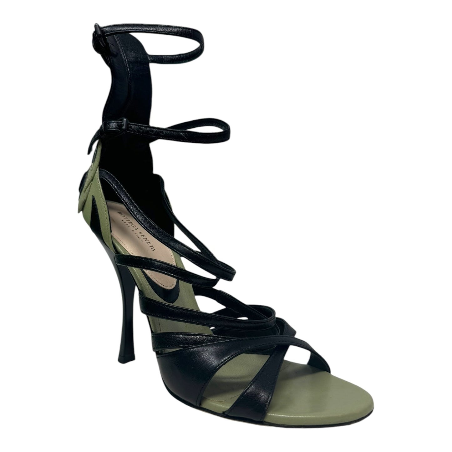 Limited Edition Butterfly Leather Strappy Open Toe Stiletto Sandals Luxury Designer By Bottega Veneta In Black & Olive, Size: 6.5