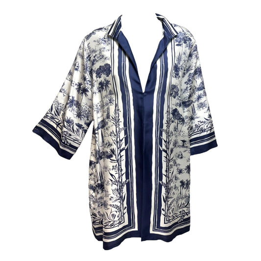 Frenesi Toile Silk Kimono Designer By Tory Burch In Blue & White, Size: M