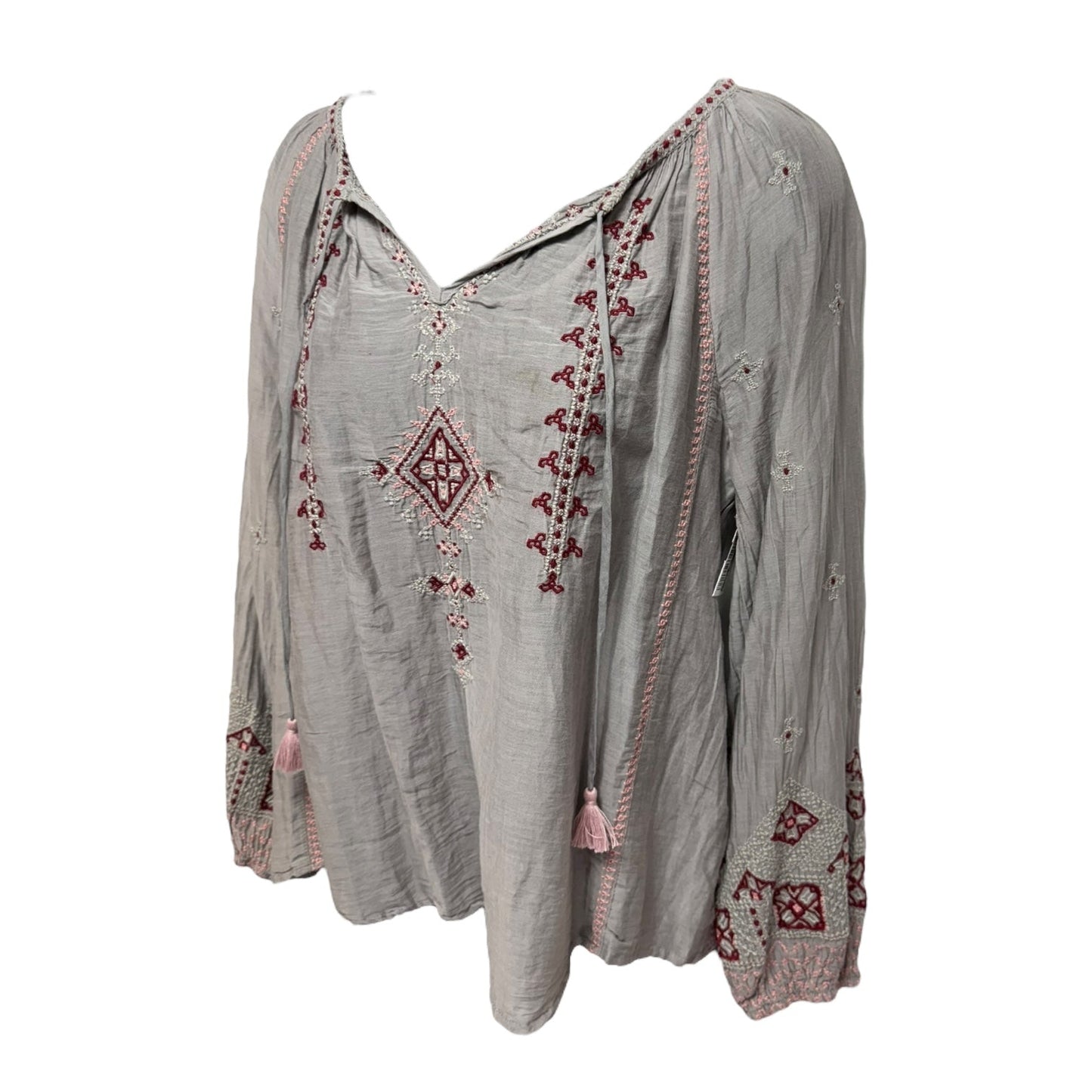 Silk Blend Embroidered Blouse Designer By Johnny Was In Grey, Size: Xs