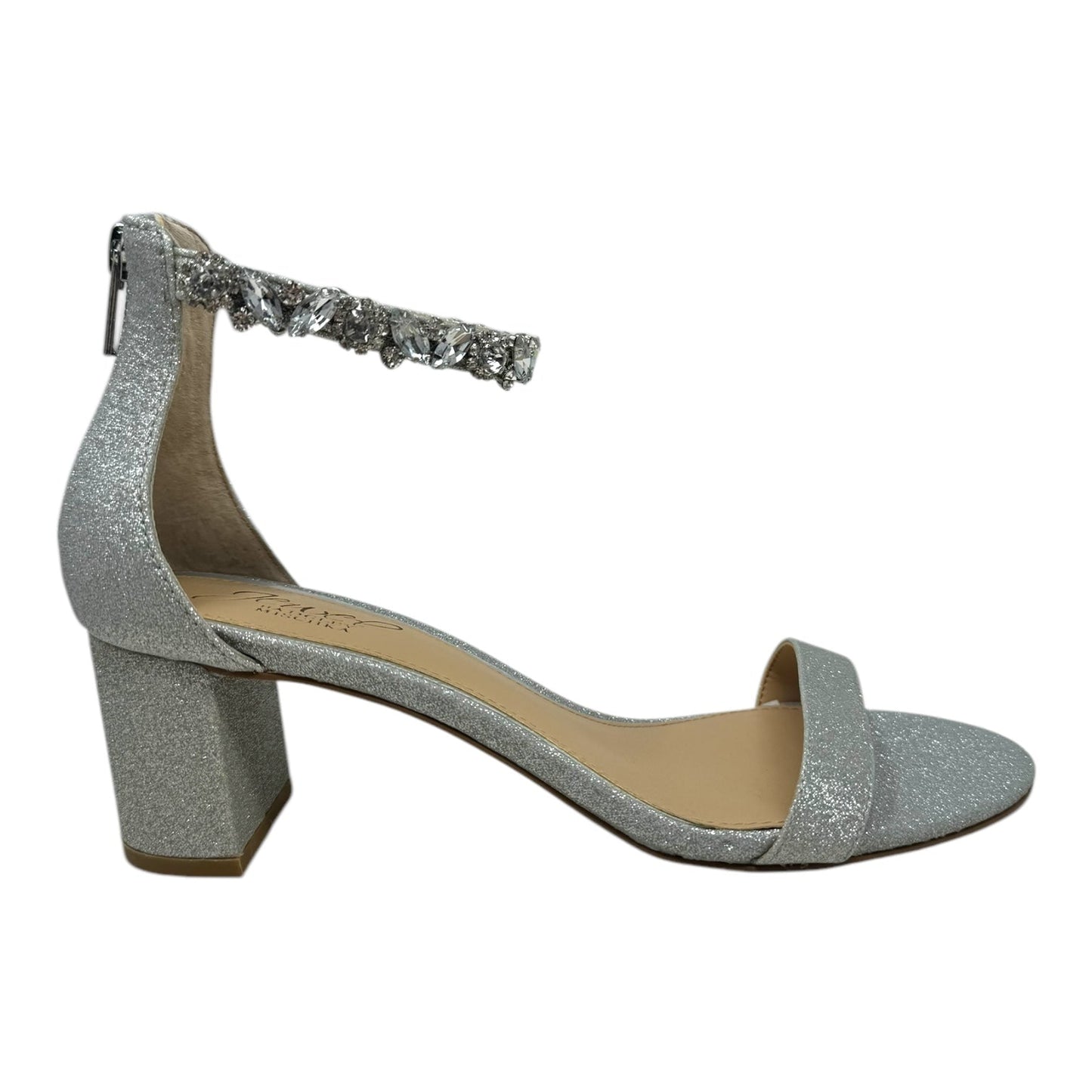 Katerina Embellished Ankle Strap Glitter Shoes Heels Block By Badgley Mischka In Silver, Size: 7.5