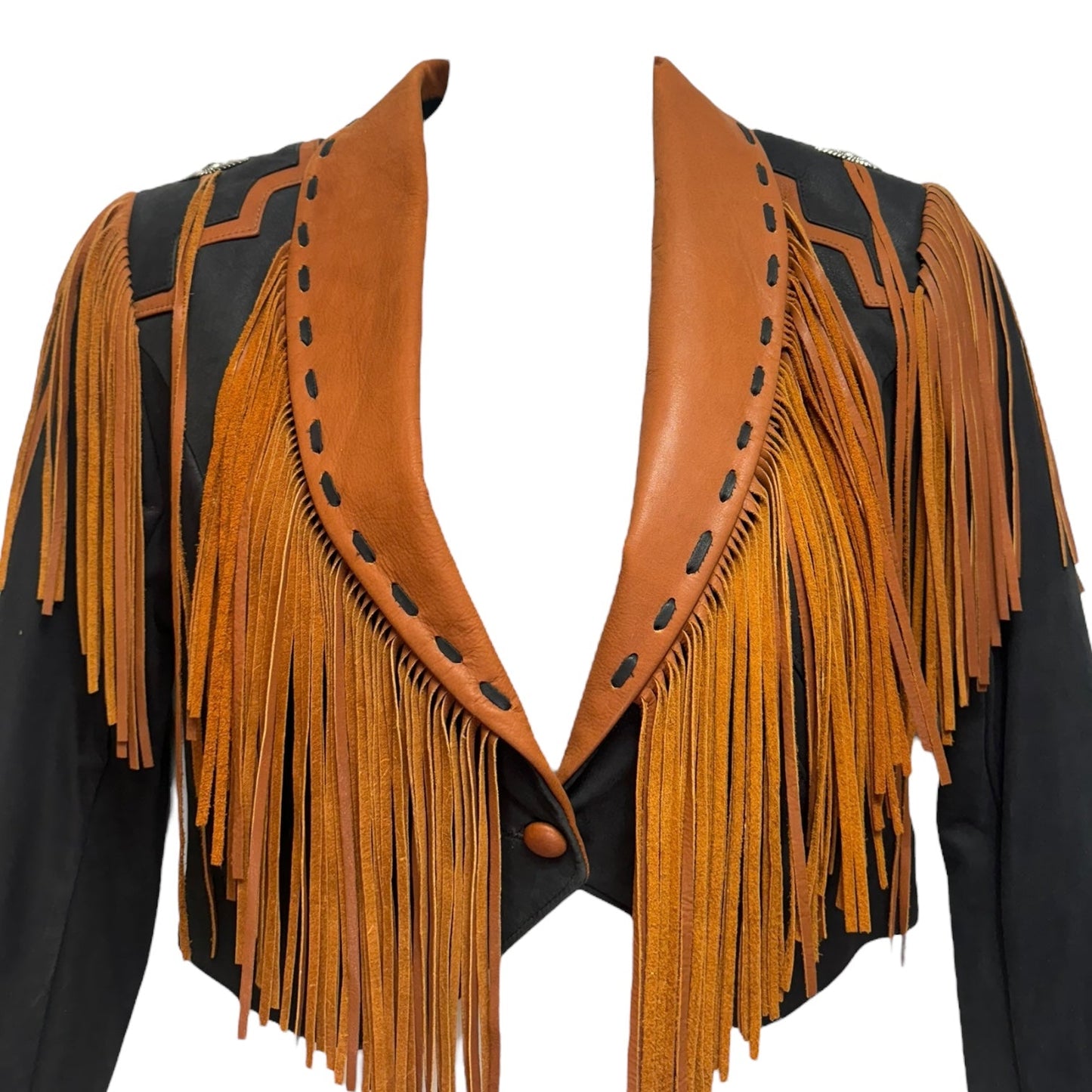 Vintage Fringe Leather Jacket By Lariat Leather In Black & Brown, Size: M