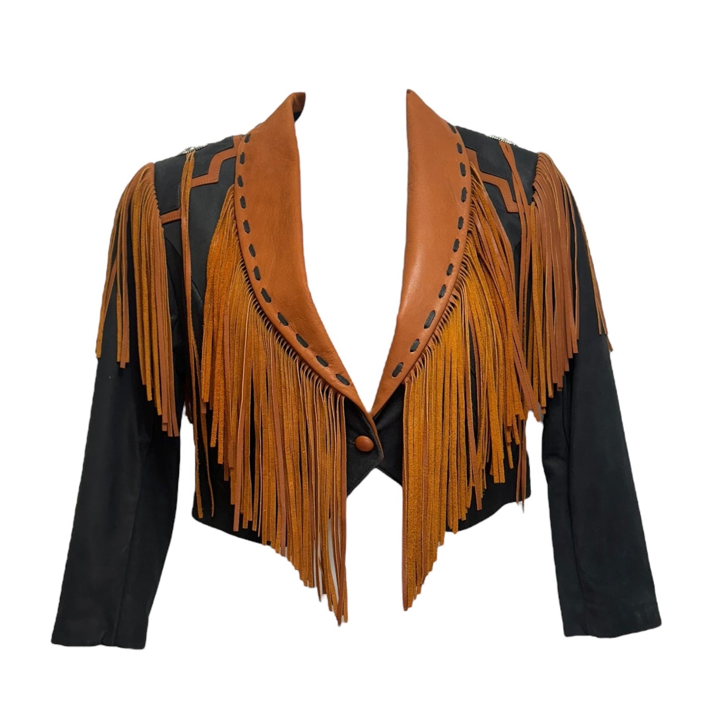 Vintage Fringe Leather Jacket By Lariat Leather In Black & Brown, Size: M