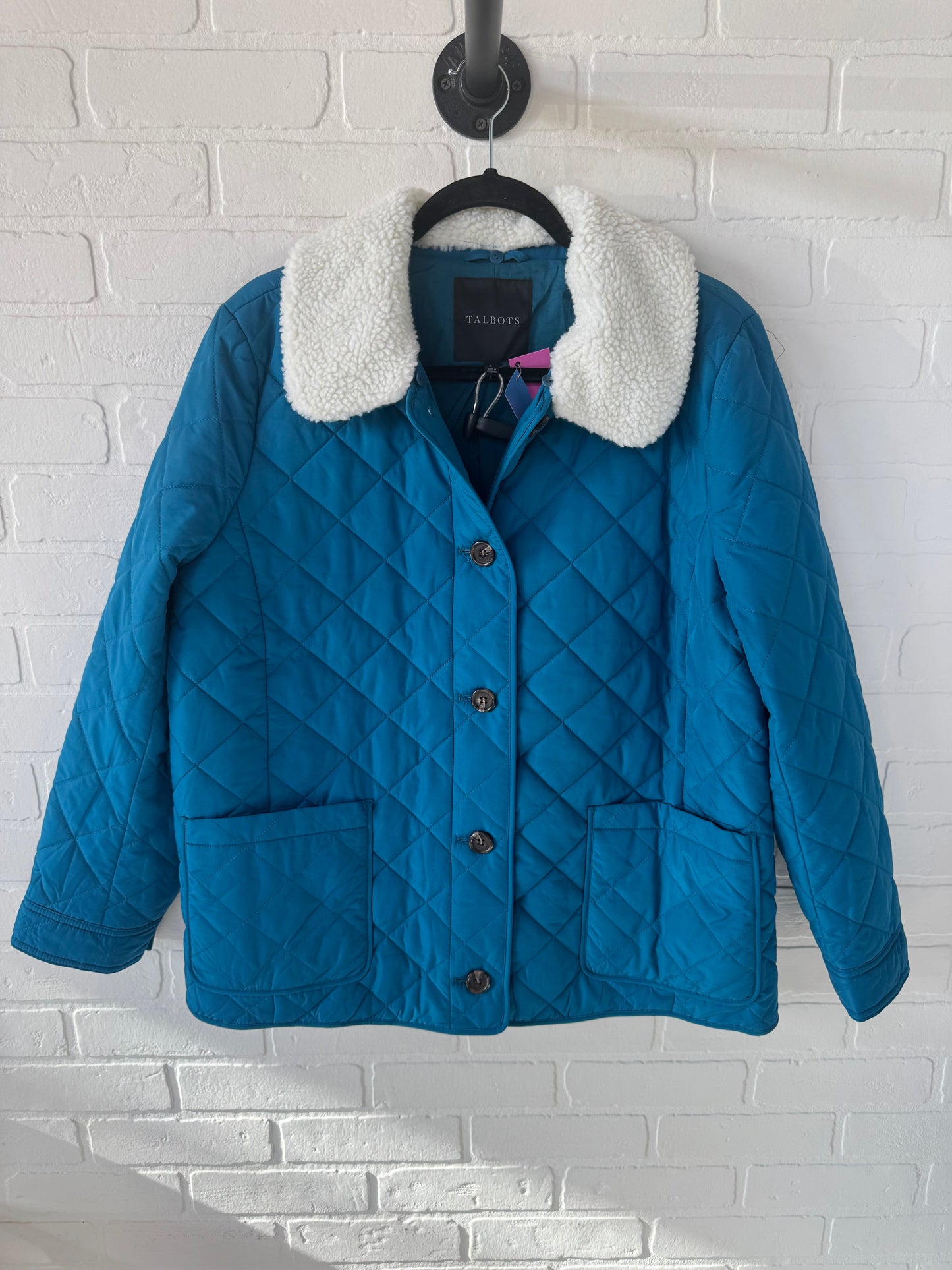 Jacket Puffer & Quilted By Talbots In Blue & Cream, Size: L