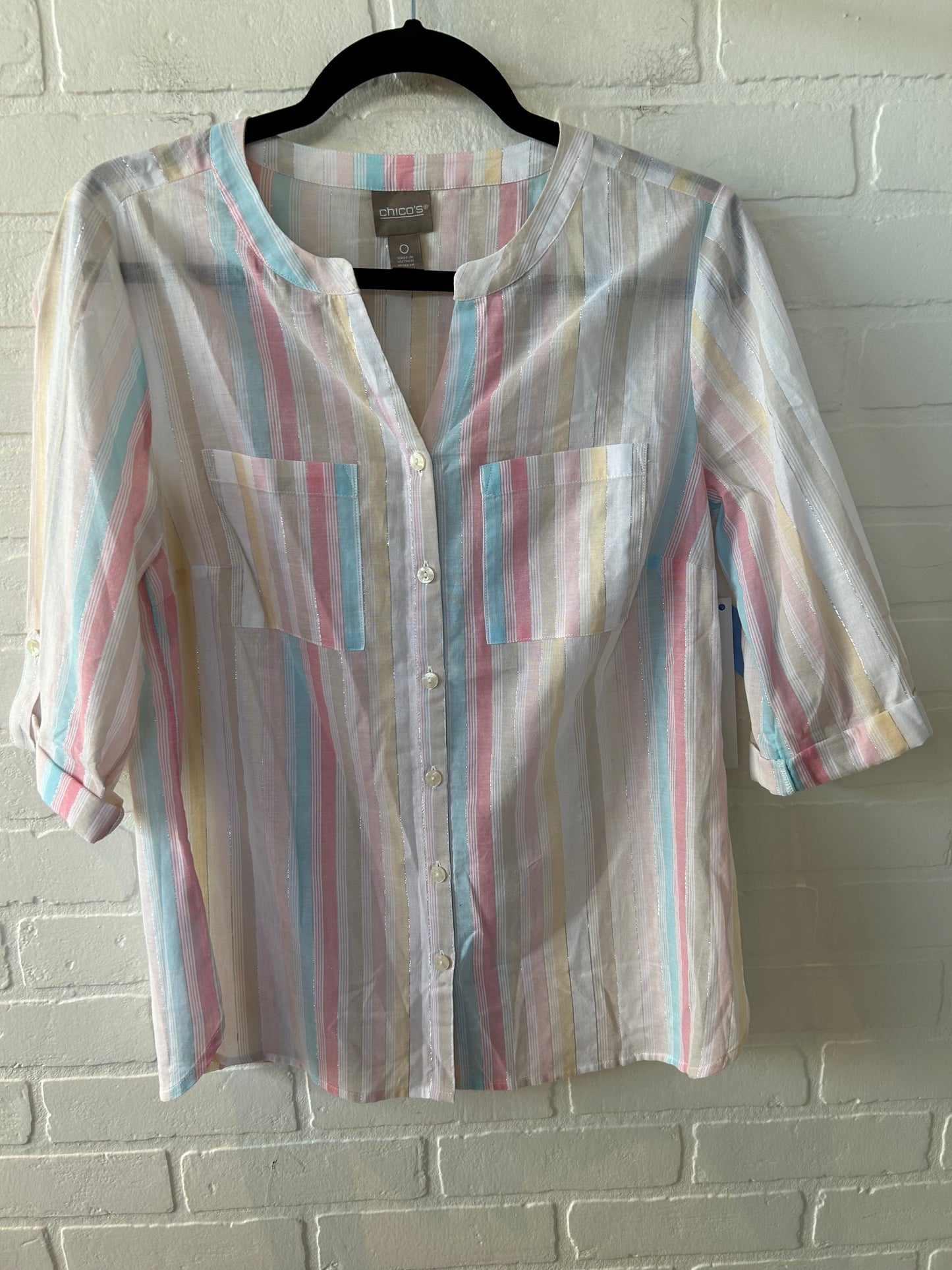 Top Long Sleeve By Chicos In Pink & Yellow, Size: S