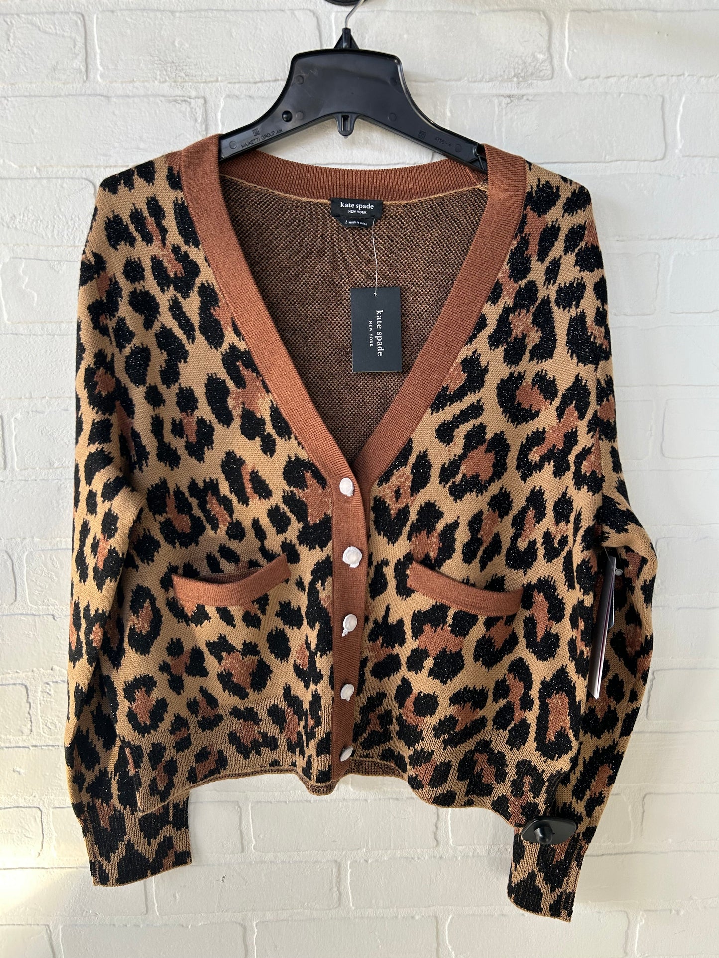 Sweater Cardigan Designer By Kate Spade In Animal Print, Size: L