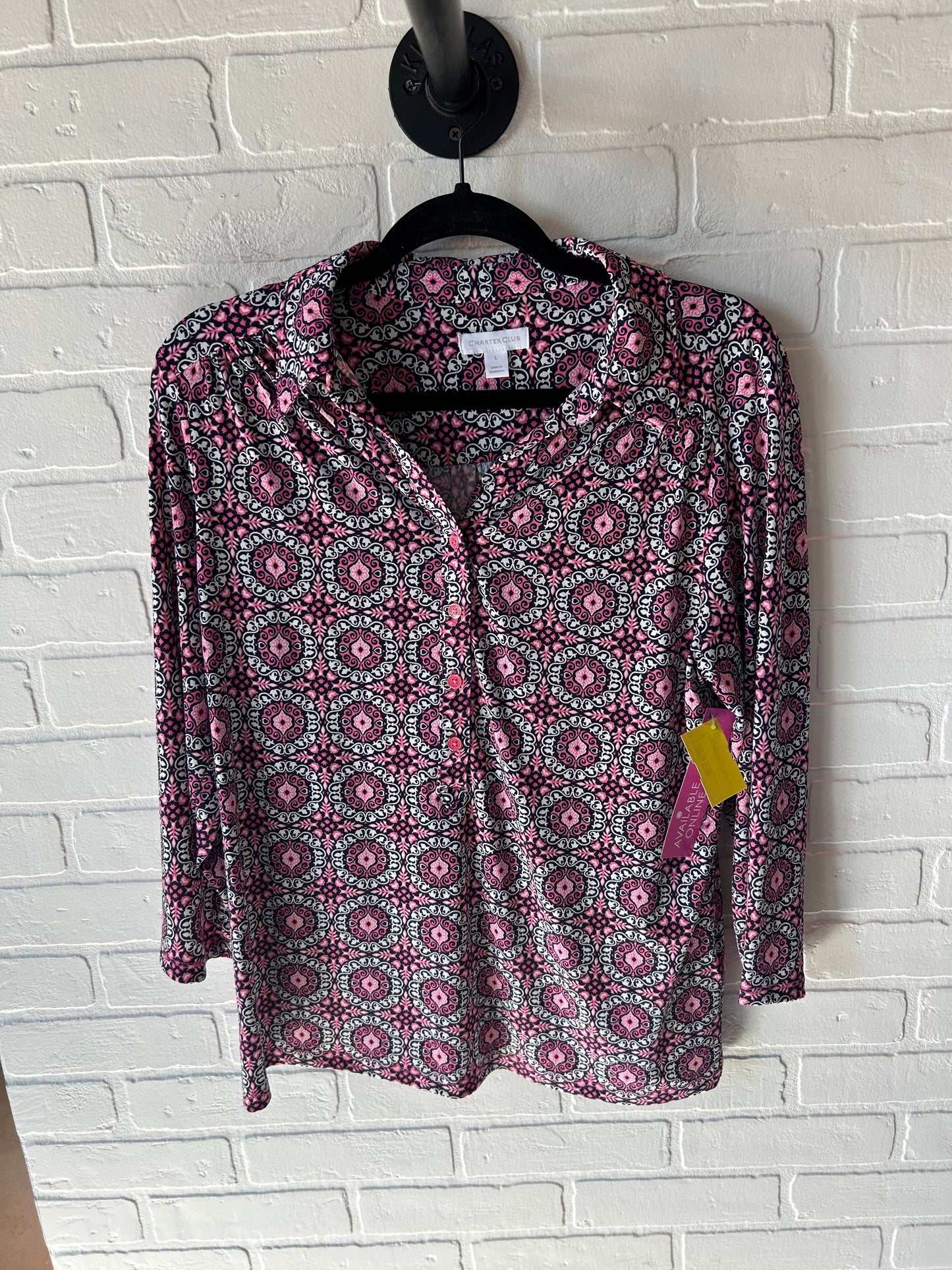 Top Long Sleeve By Charter Club In Black & Pink, Size: L