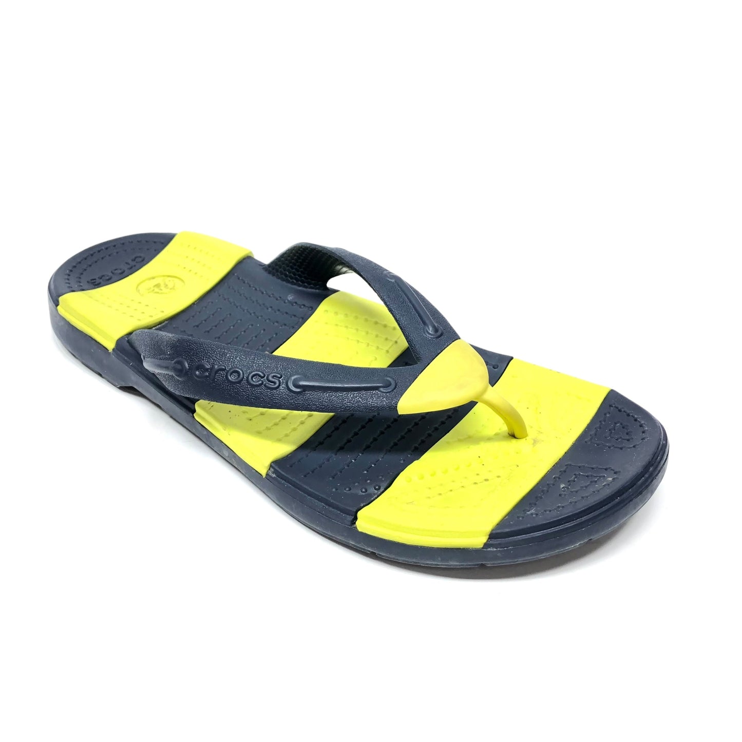 Blue & Yellow Sandals Flip Flops Crocs, Size 8