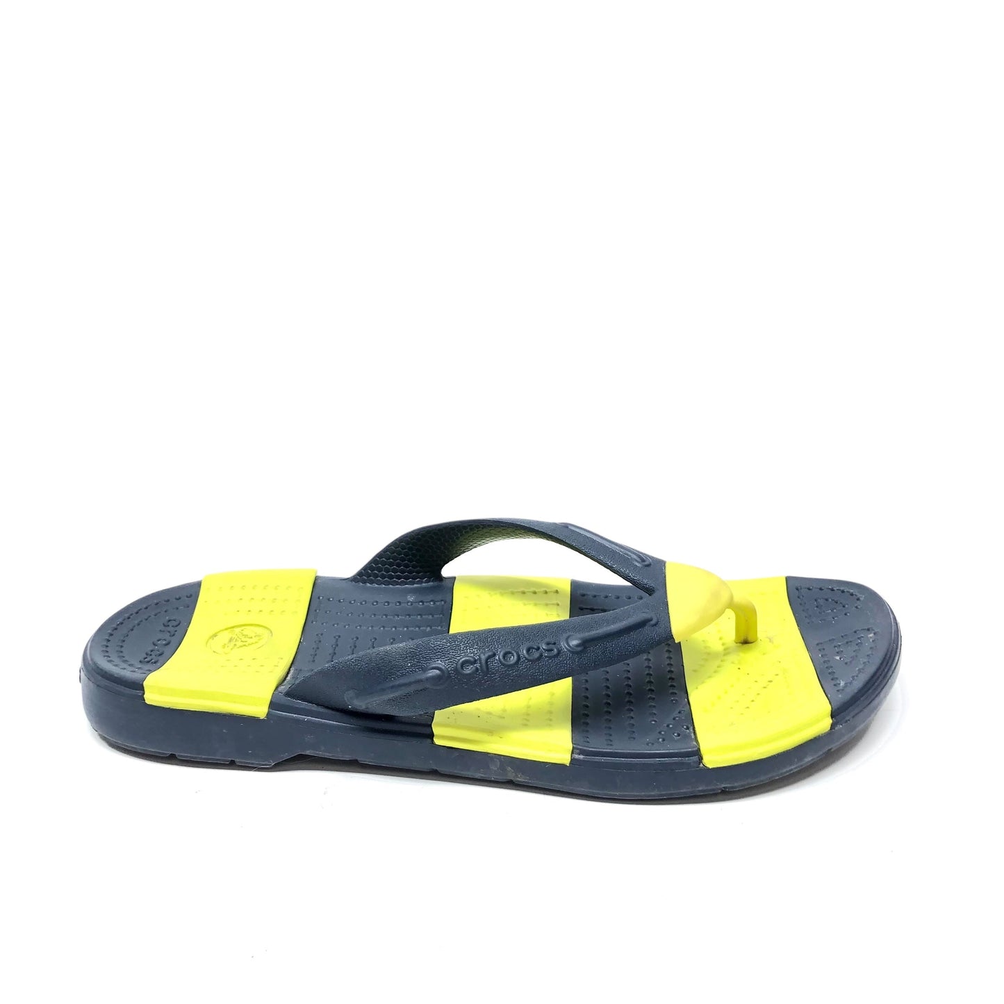 Blue & Yellow Sandals Flip Flops Crocs, Size 8