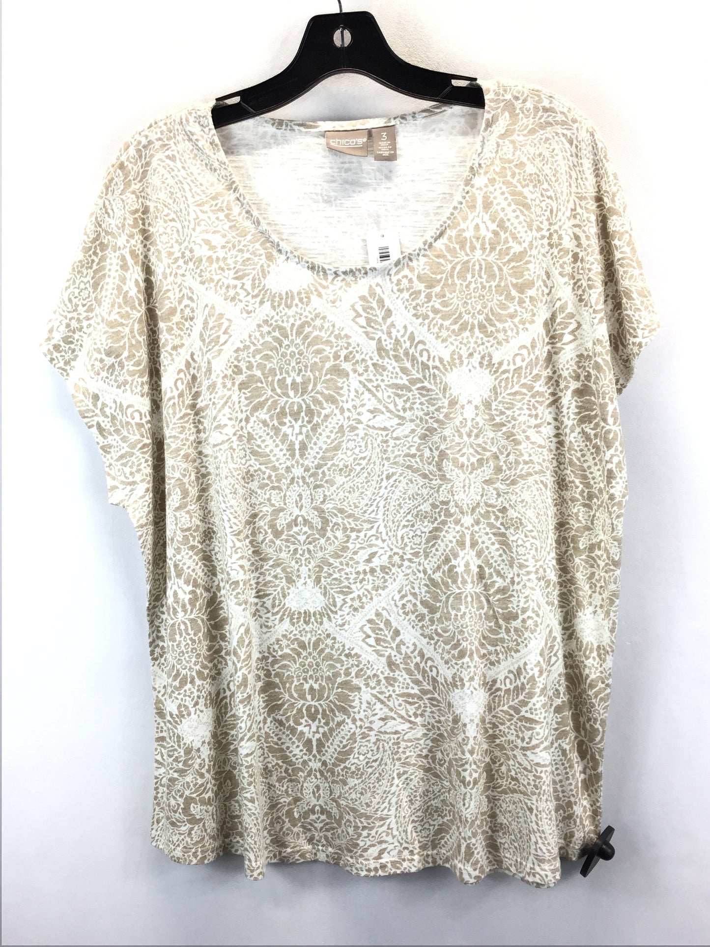 Tan & White Top Short Sleeve Basic Chicos, Size 3