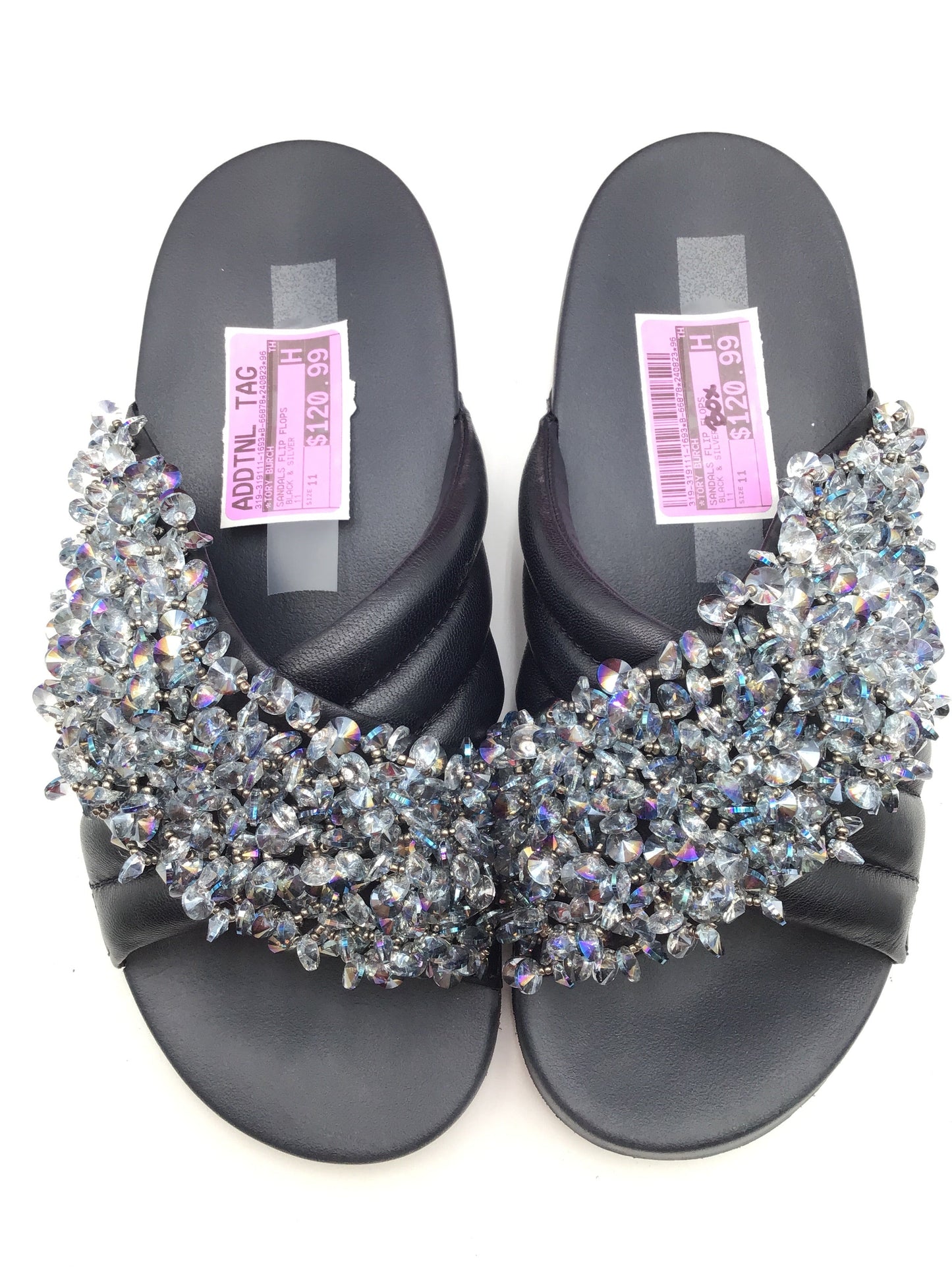 Sandals Flip Flops By Tory Burch In Black & Silver, Size: 11