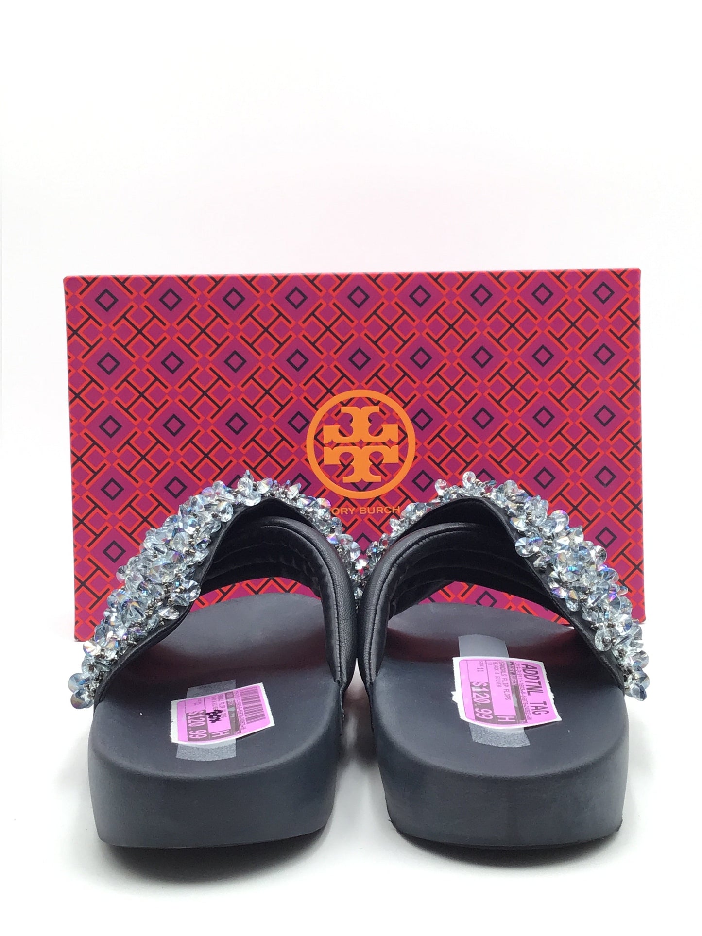 Sandals Flip Flops By Tory Burch In Black & Silver, Size: 11