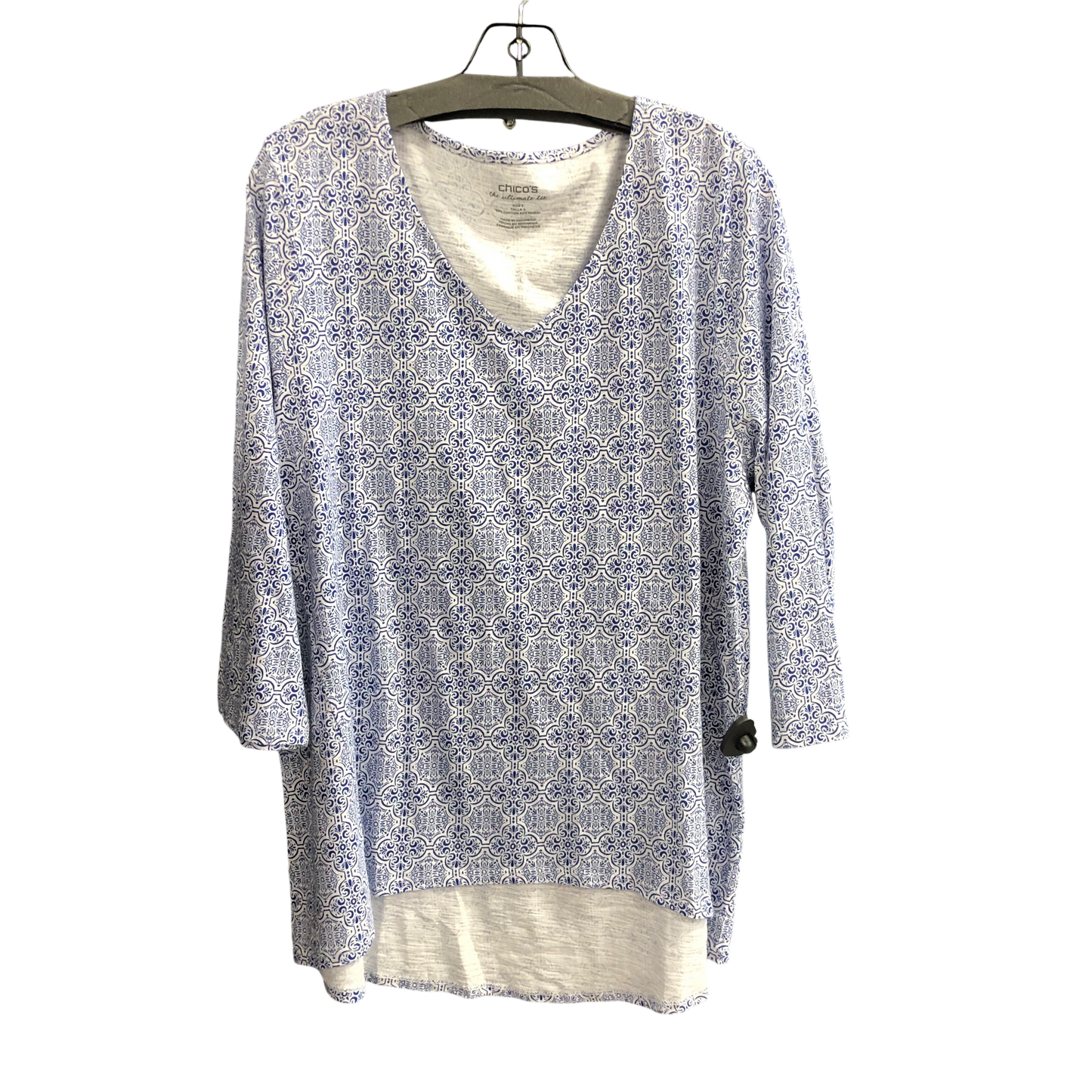 Top 3/4 Sleeve By Chicos In Blue & White, Size: Xl