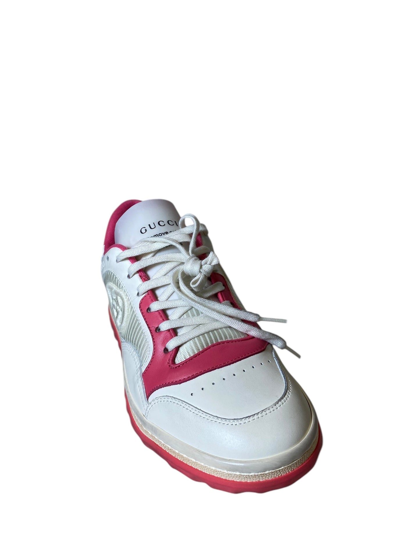 Shoes Luxury Designer By Gucci In Pink & White, Size: 9