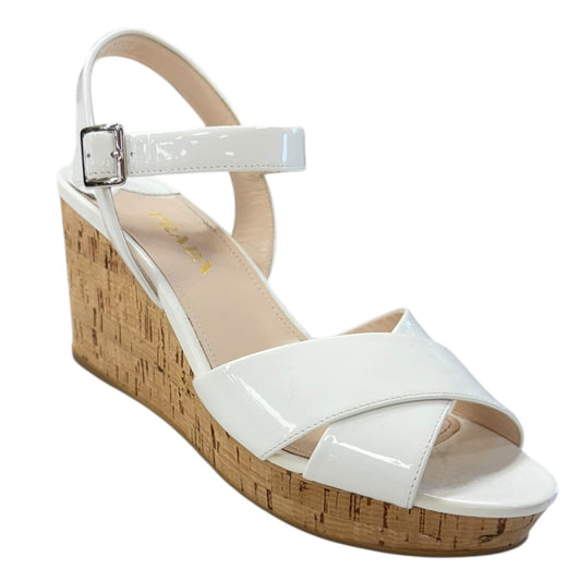 Calzature Donna Vernice 3 Patent Leather Cork Wedge Sandals, Blanco Luxury Designer By Prada  Size: 9