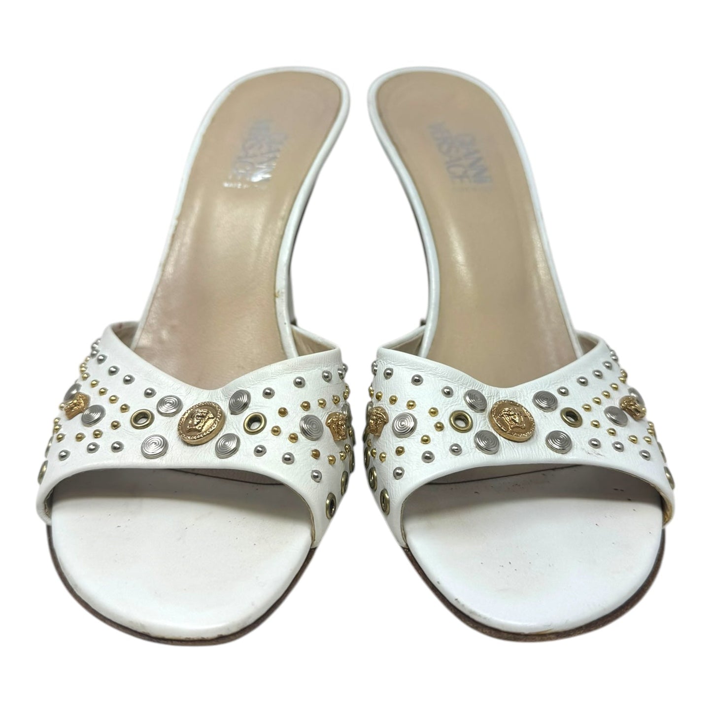 Vintage Medusa Logo Studded Mule Sandals Luxury Designer By Versace In White, Size: US 6/IT 36