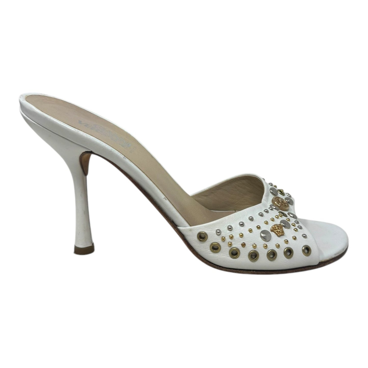 Vintage Medusa Logo Studded Mule Sandals Luxury Designer By Versace In White, Size: US 6/IT 36