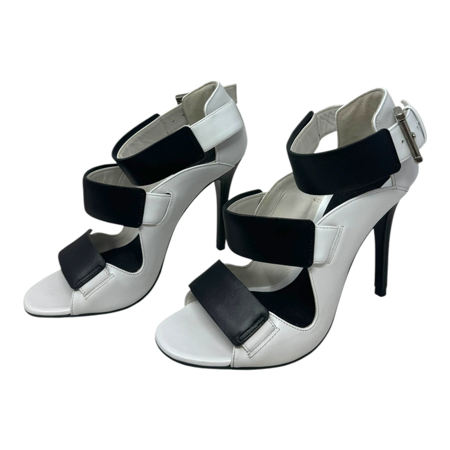 Triple Buckle Leather Stiletto Sandals Luxury Designer By Alexander Mcqueen In Black & White, Size: 6.5