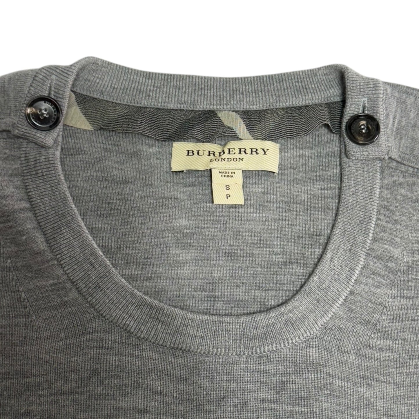 Superfine Merino Wool Button Shoulder Sweater Luxury Designer By Burberry In Grey, Size: S