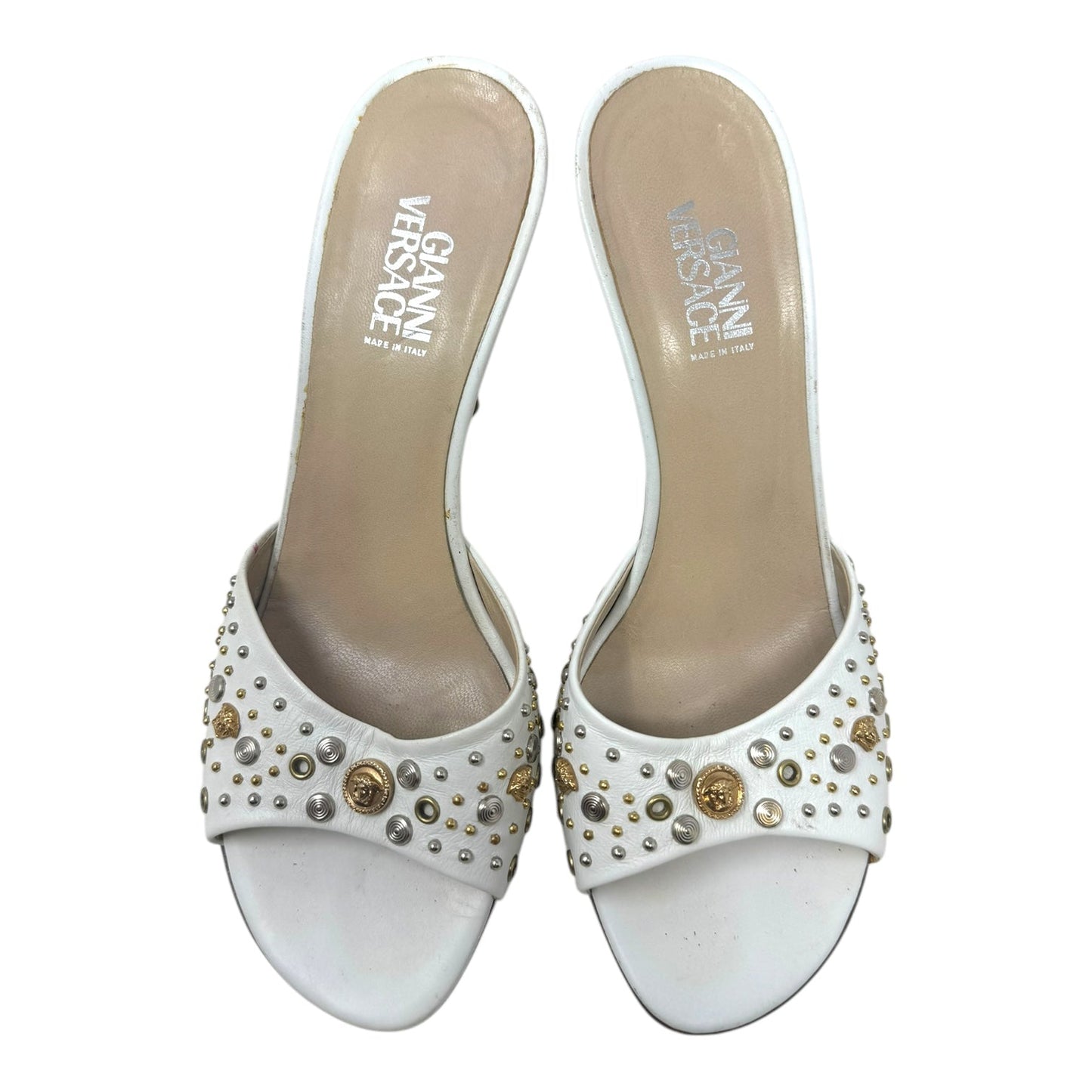 Vintage Medusa Logo Studded Mule Sandals Luxury Designer By Versace In White, Size: US 6/IT 36