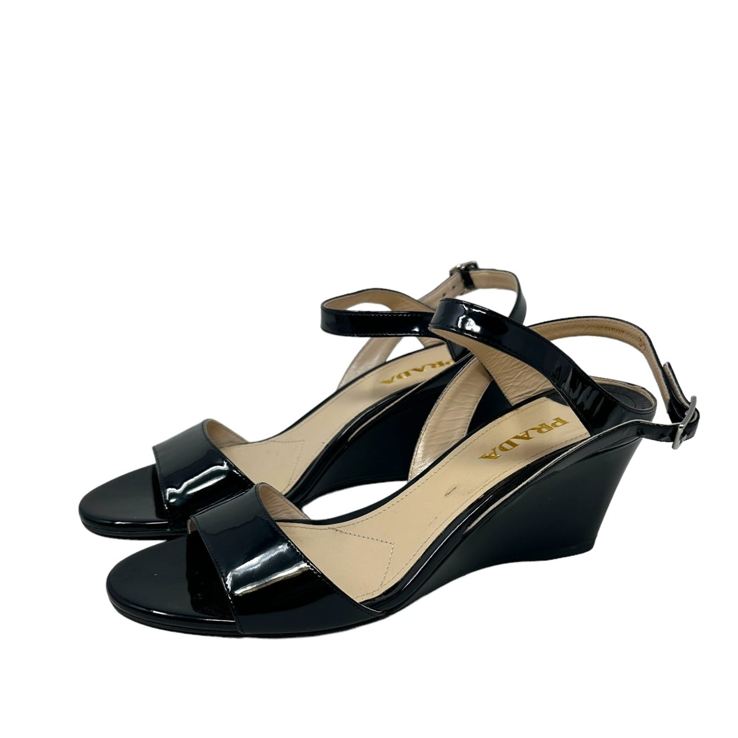 Calzature Donna Patent Leather Wedge Sandals, Vernice, Nero Luxury Designer By Prada  Size: 9