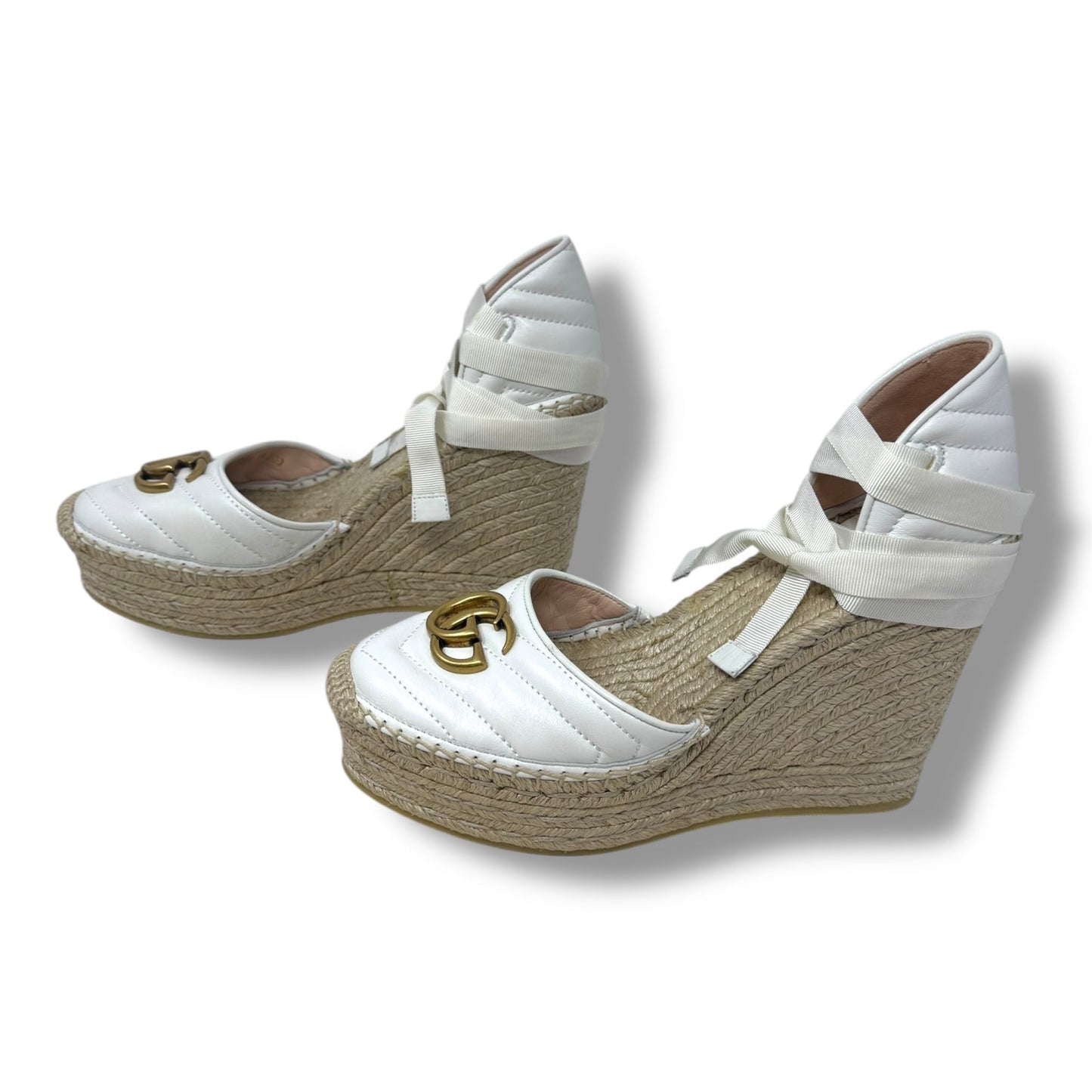 GG Logo Quilted Leather Wrap Espadrille Wedge Shoes Luxury Designer By Gucci In White, Size: 9