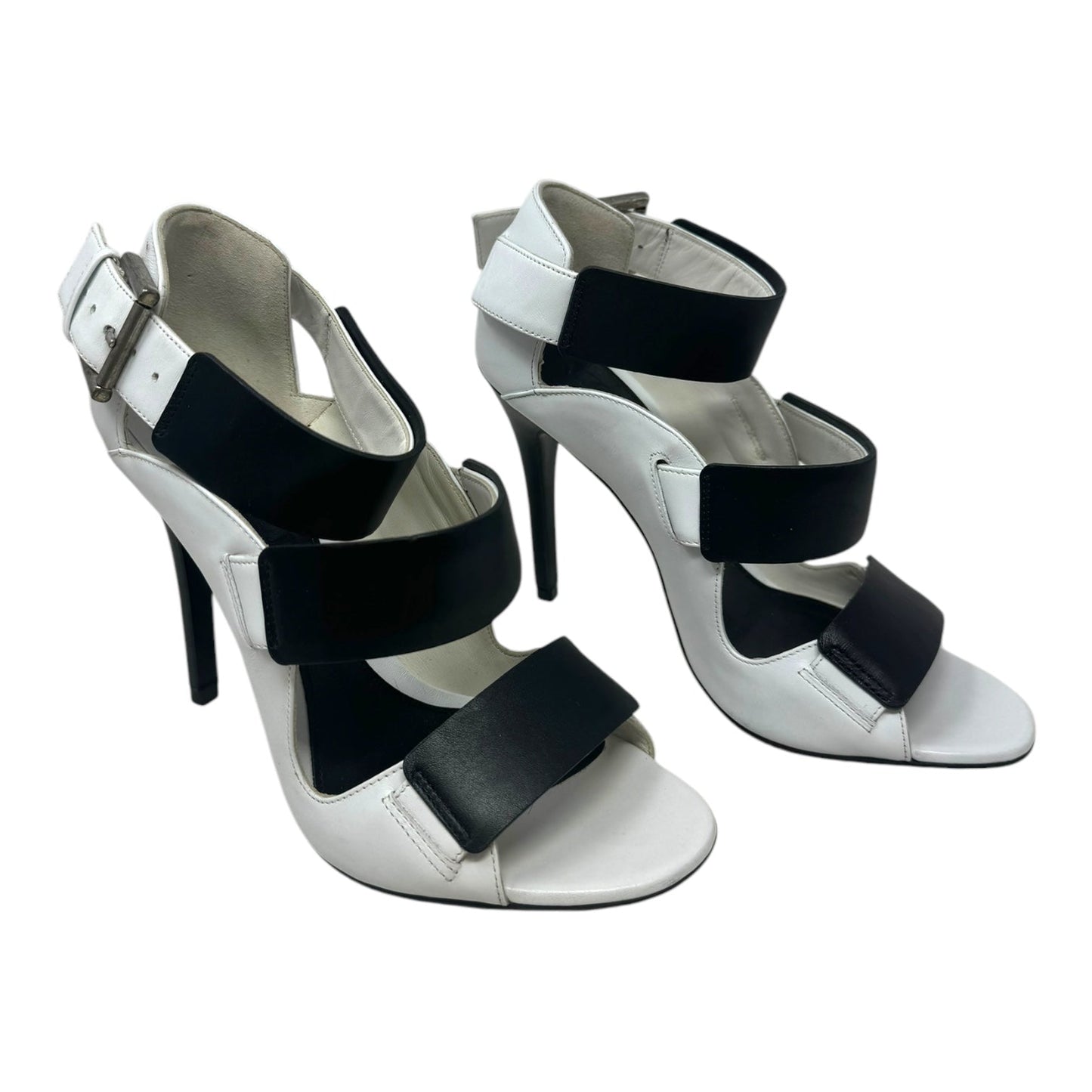 Triple Buckle Leather Stiletto Sandals Luxury Designer By Alexander Mcqueen In Black & White, Size: 6.5