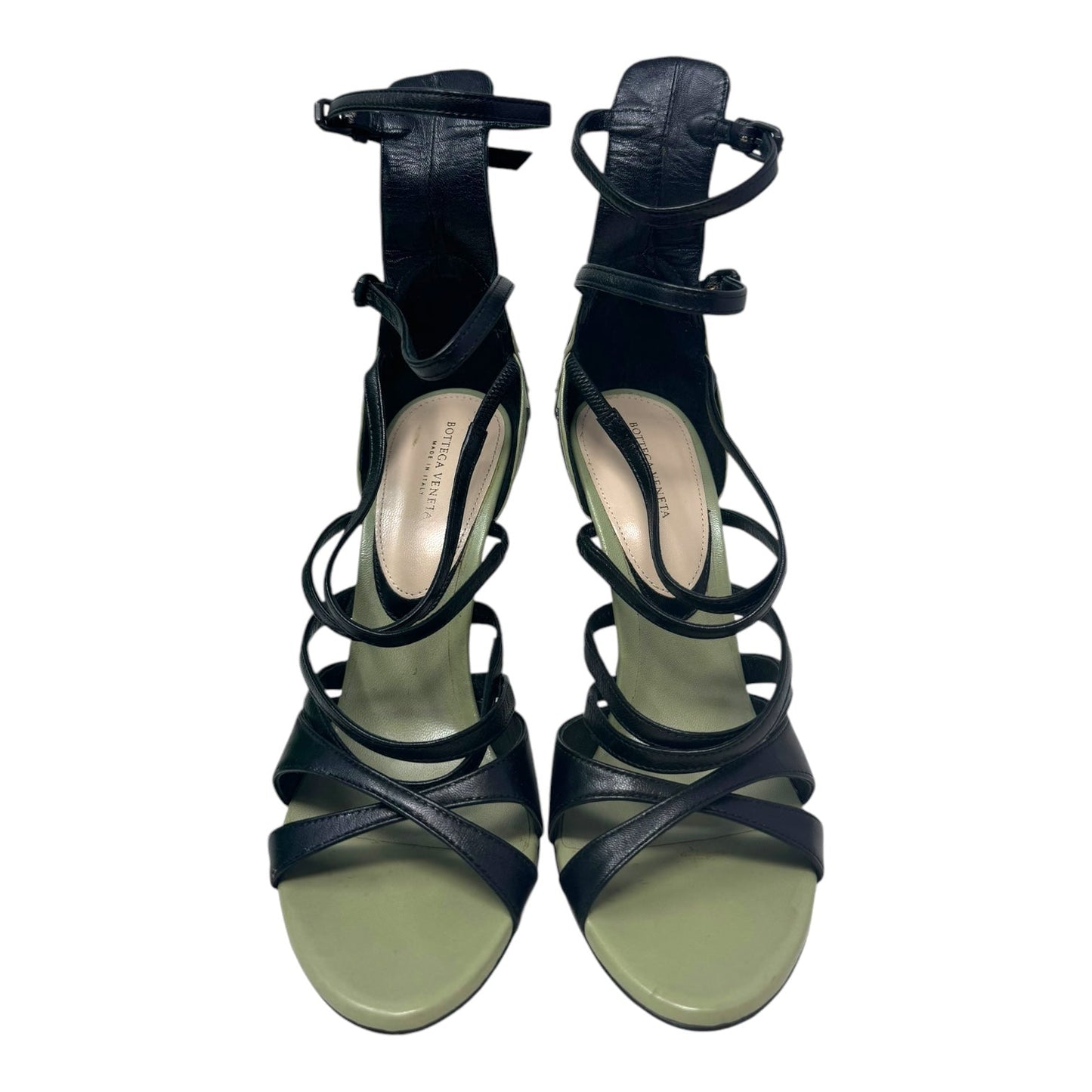 Limited Edition Butterfly Leather Strappy Open Toe Stiletto Sandals Luxury Designer By Bottega Veneta In Black & Olive, Size: 6.5