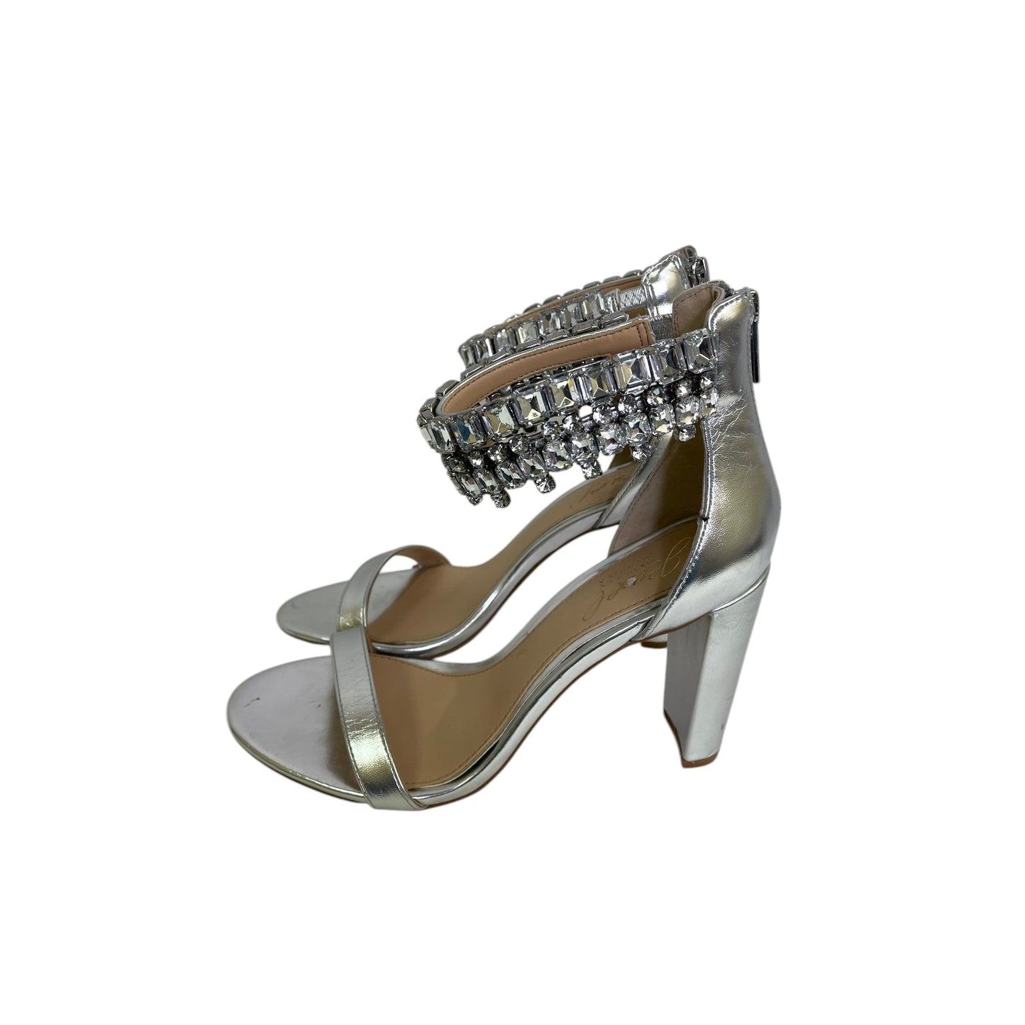 Sandals Heels Stiletto By Badgley Mischka In Silver, Size:6.5