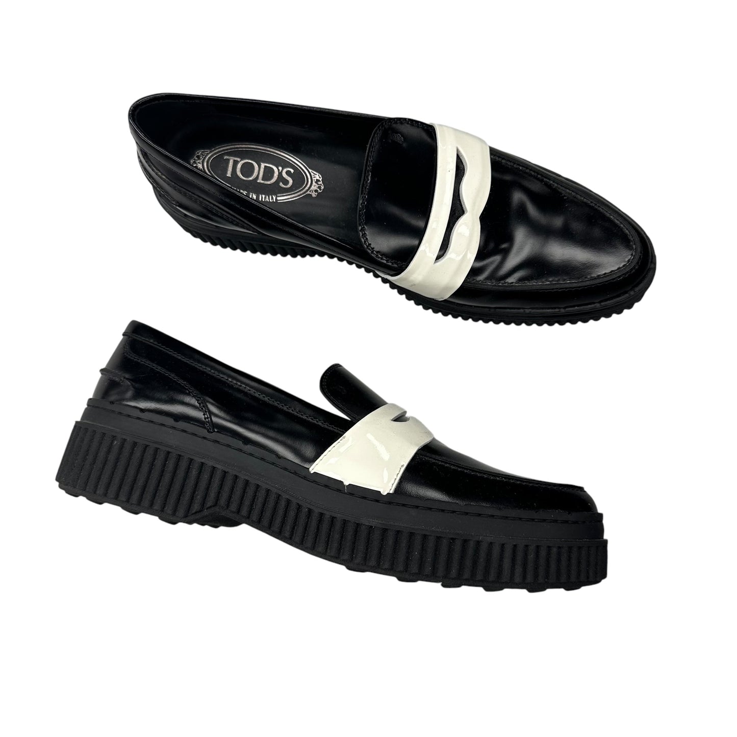 Shoes Luxury Designer By Tods In Black & White, Size:9.5