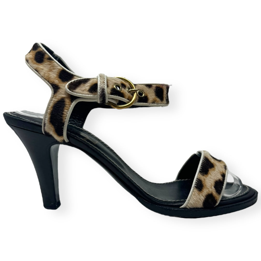 Leopard Print Calf Hair Ankle Strap Sandals Luxury Designer By Yves Saint Laurent  Size: 7.5