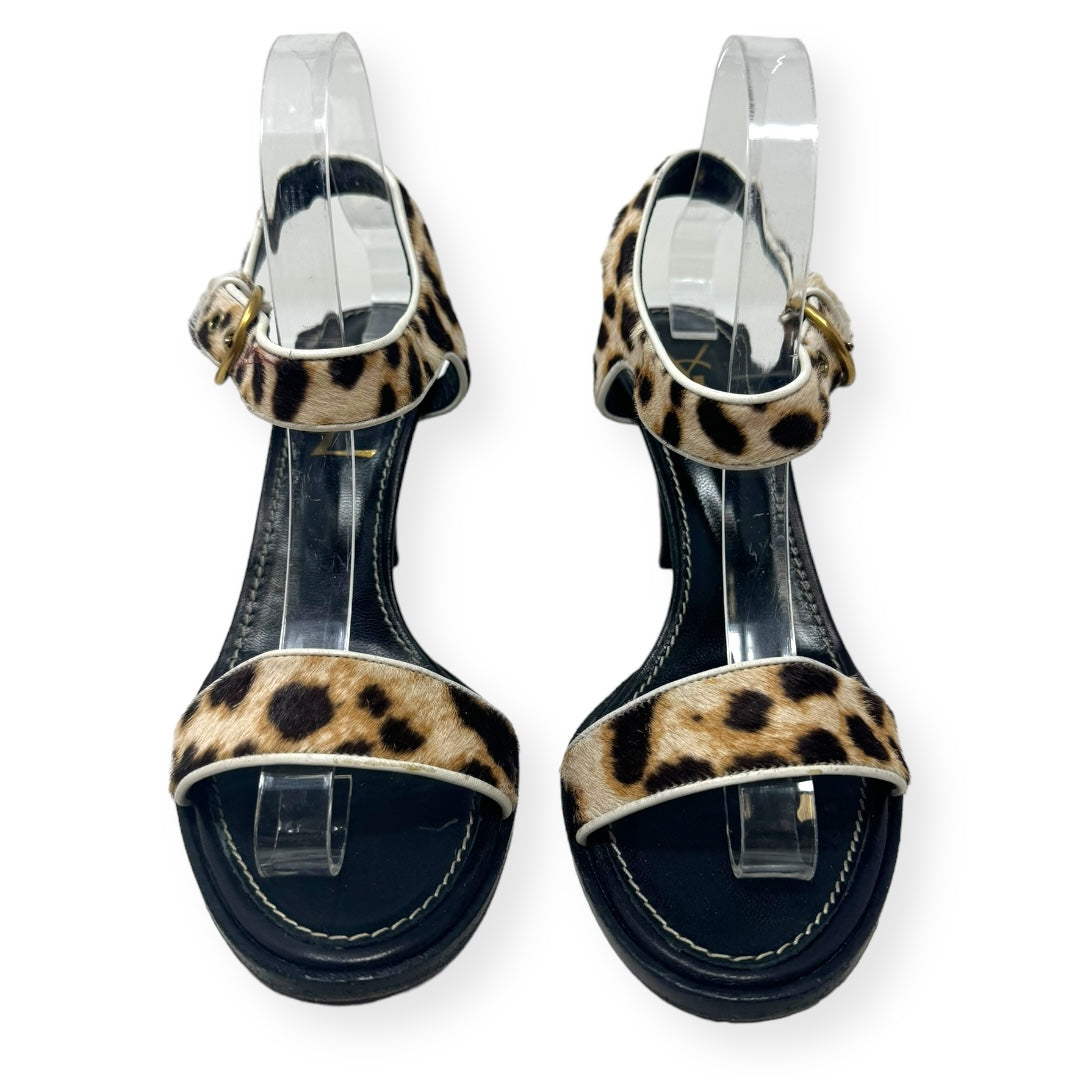 Leopard Print Calf Hair Ankle Strap Sandals Luxury Designer By Yves Saint Laurent  Size: 7.5